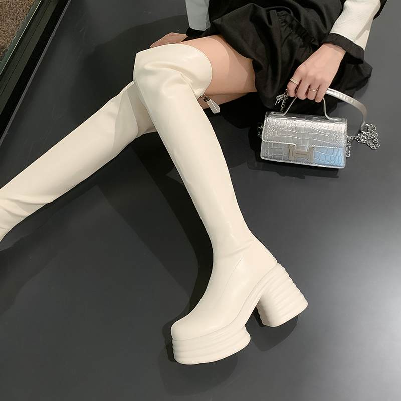 Krazing Pot Chaussures en cuir microfibre pour femme, bottes imperméables à bout rond, talons hauts épais, fermeture éclair sur le devant, automne et hiver