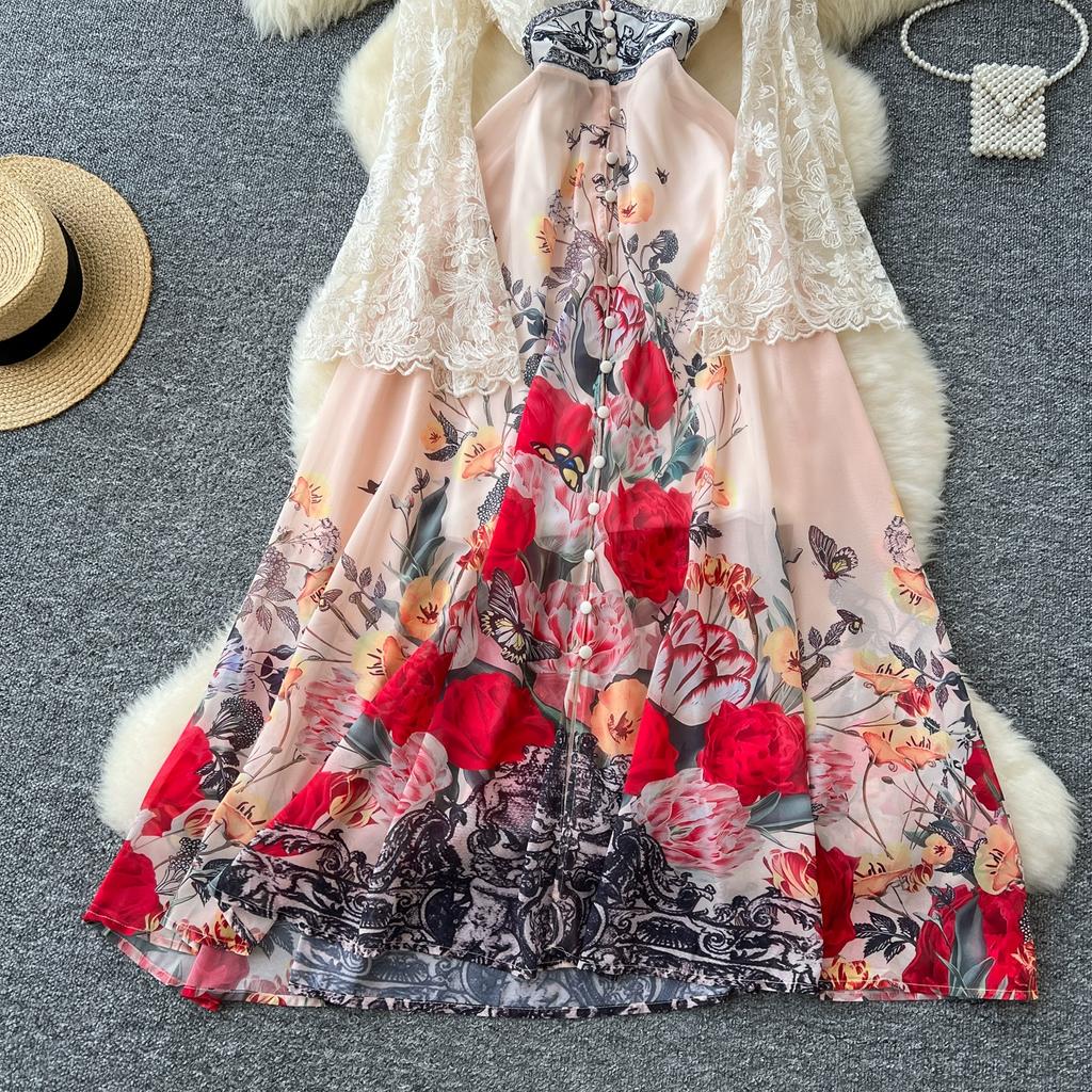 Frühling Herbst Frauen Elegante Spitze Flare Ärmel Tiefem V-Ausschnitt Print Lange Maxi Urlaub Party Kleider