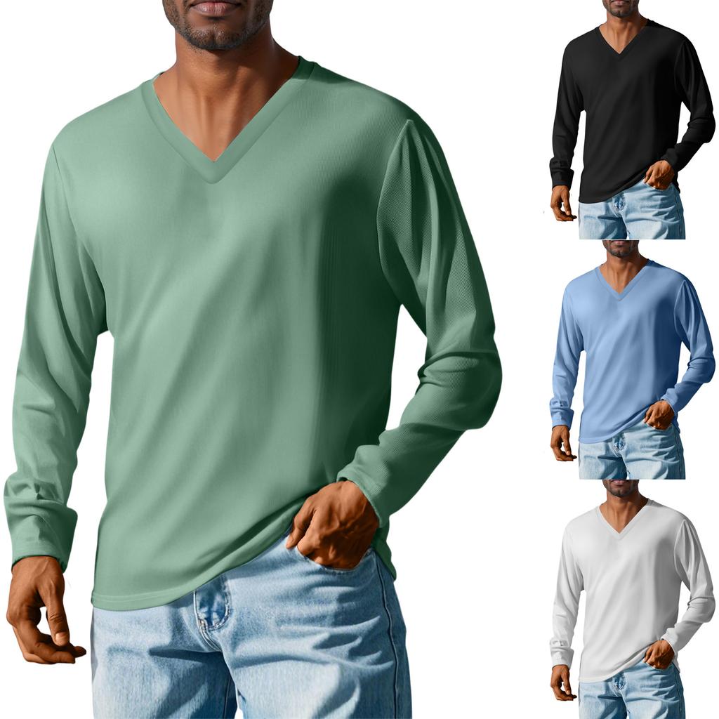 Men'S V-Neck Loose Casual Long Sleeved Shirt Fashionable Top