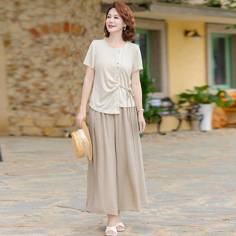 

Elegant Summer Suit Set for Middle-Aged Women: Short Sleeve Top & Wide-Leg Pants XL (suitable for 90-105 jin) хакі