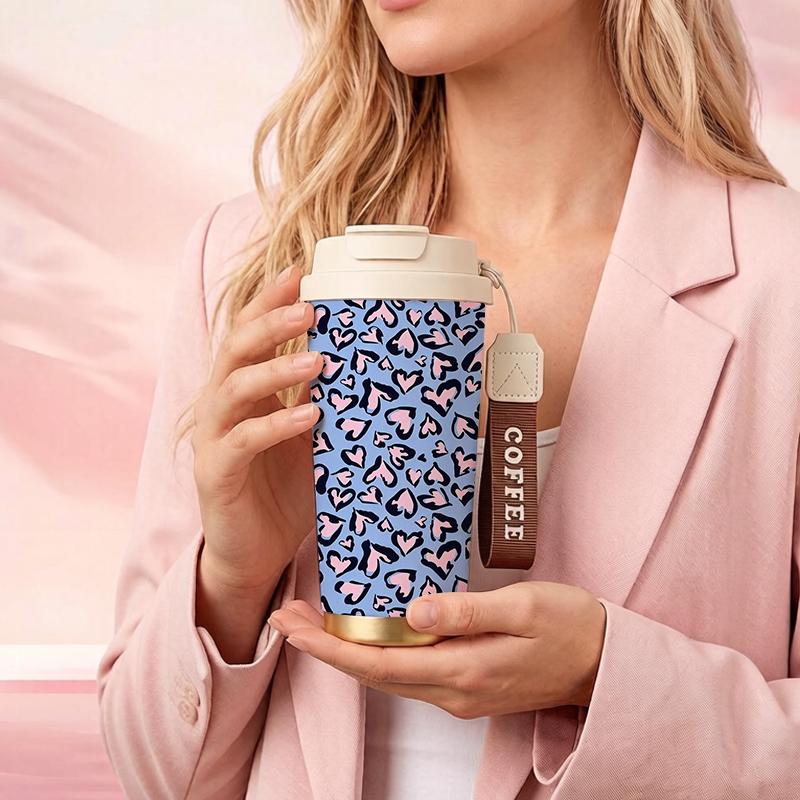 532ml Coffee Mug Heart Leopard Element Lanyard Insulated Cup Handheld Cup Commute Coffee Cup Gift Cup Stainless Insulated Cup 532ml Coffee Mug
