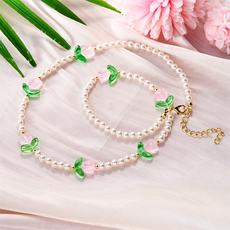 New Fashion Sweet Tulip Flower Necklace Bracelet Set For Women Elegant Pearl Clavicle Chain Necklace Girls Party Jewelry Gift