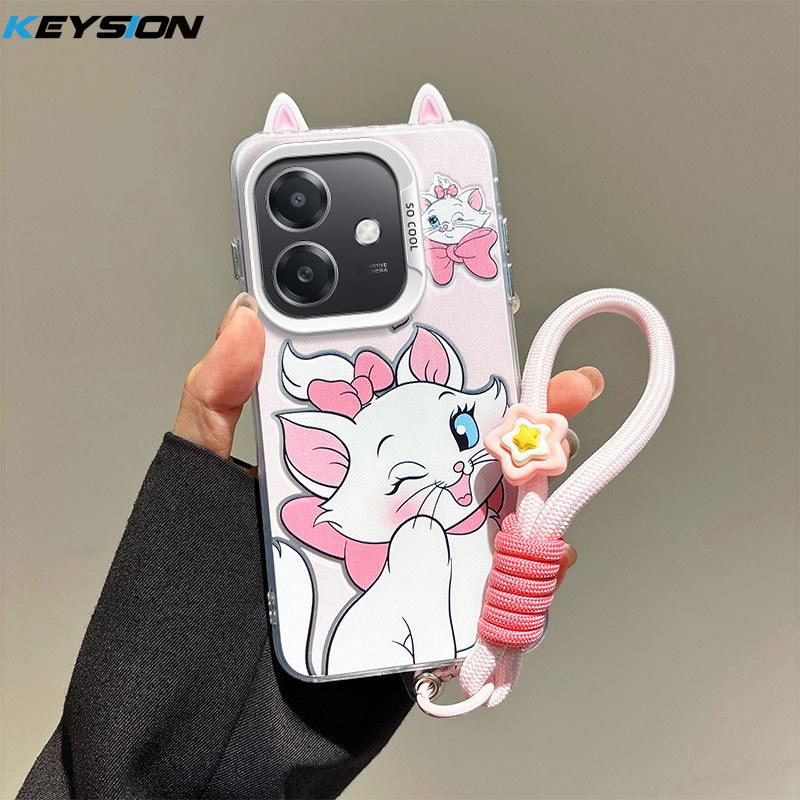 KEYSION Cute Ear Cartoon Case for OPPO A3 A3X 5G A5i with Lanyard Soft Silicone+PC Shockproof Phone Cover for OPPO A40 A40m
