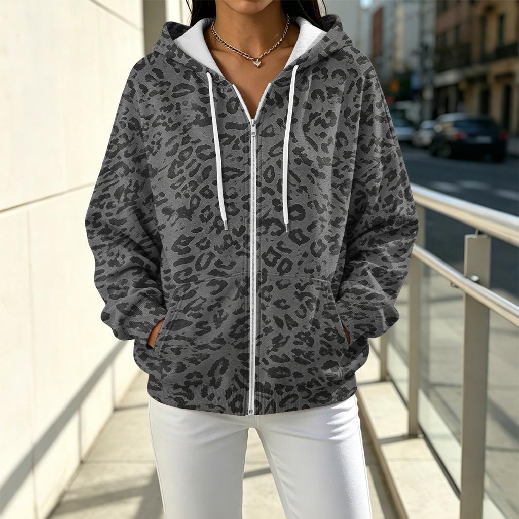 Women's Casual Loose Fit Printed -Lined Hooded Zip-Up Cardigan