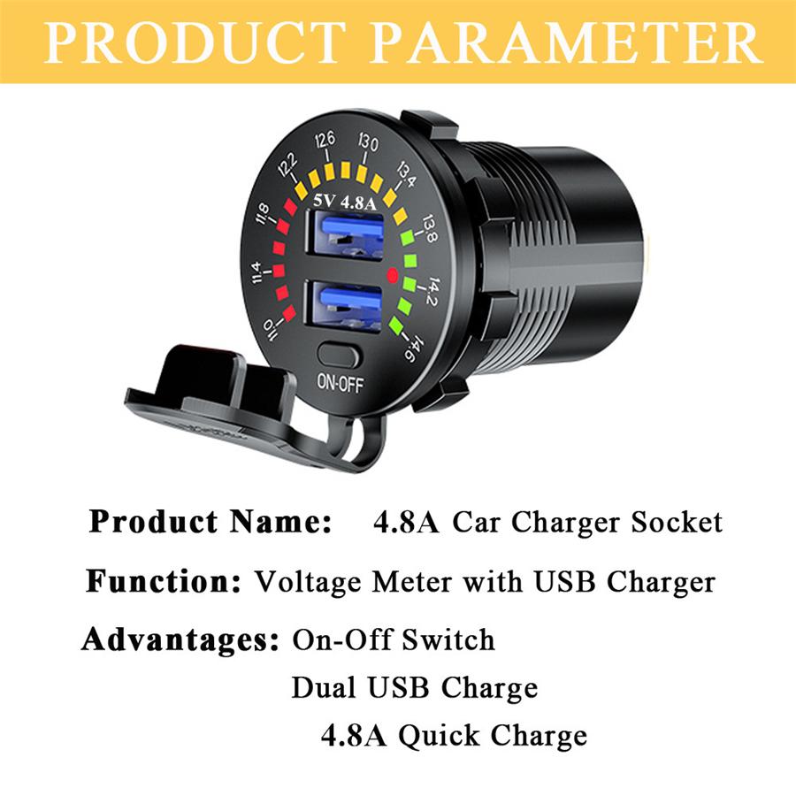 4.8A 12V Car Boat Dual USB Fast Charger Adapter Power Outlet Socket w/ Voltmeter