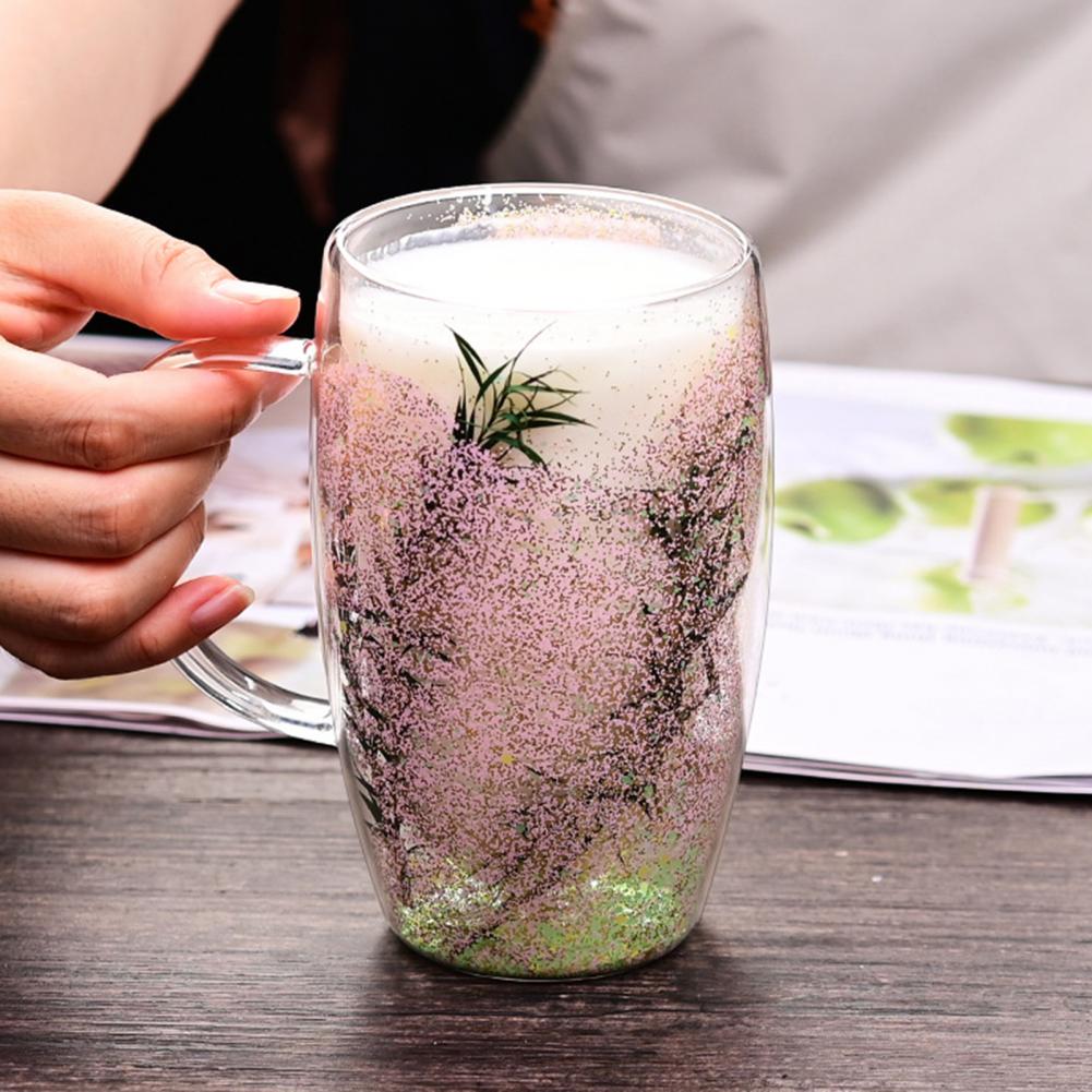 Double Wall Glass Mug with Flower Glitter Inside 450ml Large Capacity Heat & Cold Resistant Transparent Mug Creative Coffee Cup