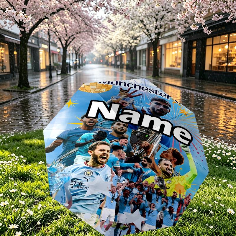 Custom Name Personalized Manchester City FC Print Umbrella, Auto Open Close, 8‑Rib Sturdy Frame, Commute Camping Hiking Use, Birthday Gift