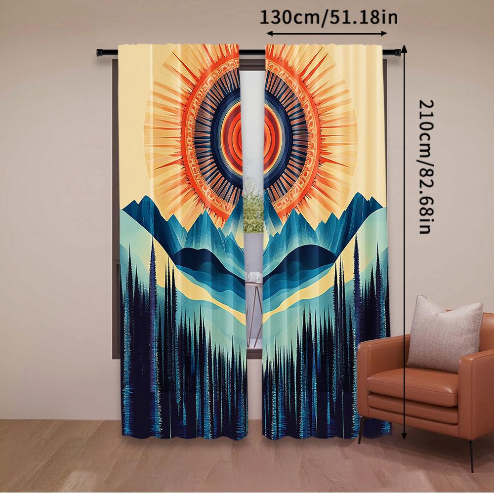 2Pcs Boho Curtain Mid Century Wilderness With Mountain Scenery Forest And Sun For Bedroom Living Room Dining Room And Bathroom A
