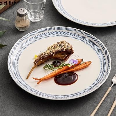 Blue Striped Ceramic Shallow Plate Underglaze Color Cake Plate Steak Plate Sushi Plates Restaurant Specialty Service Plates