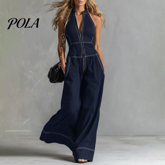 Tuta da donna senza maniche, con zip, colletto alto, pantaloni a gamba larga, Rompers, Abiti estivi casual monopezzo con tasche, Articoli in saldo