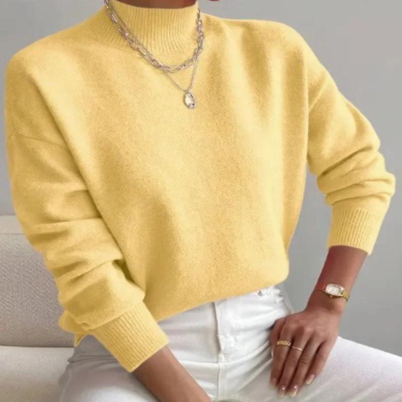 Women's Light Beige Ribbed High Neck Long Sleeve Knit Sweater