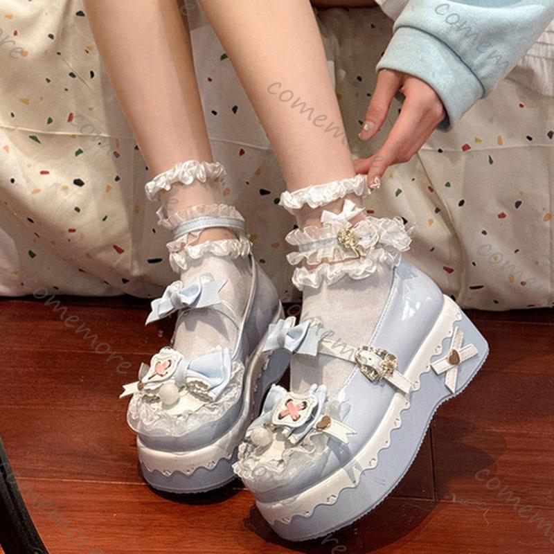 Comemore Platform Lolita Wedge Mary Janes Shoes for Women Autumn New Round Toe Colorblock Bow Ankle Buckle Pumps Single Shoes