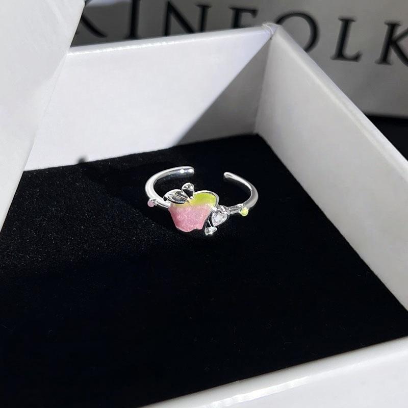 Super Sweet Apple Strawberry Fruit Enamel Open Ring Niche Design Cute Sweet‑Cool Adjustable Stack‑Wear Index‑Finger Trend Jewelry