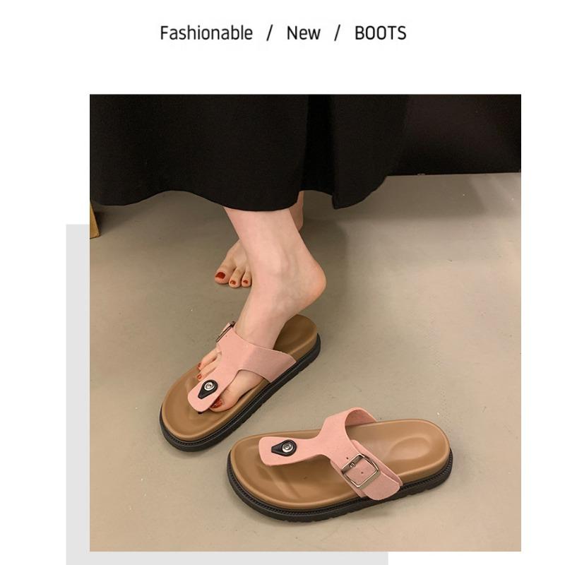 Thick Soled, Slipper, Summer, Outerwear, Toe Clip, Flat Strap, Adjustable, Square Buckle, Thick Soled Slipper, Flip Flops