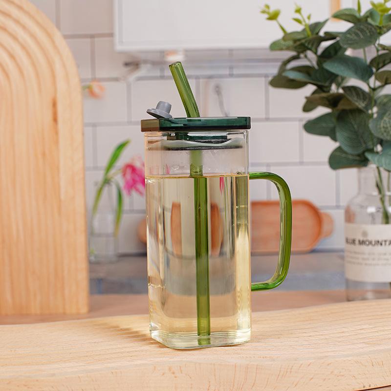 400ml Square Glass Mug With Lid and Straw Breakfast Milk Cup Microwave Safe Transparent Party Beer Coffee Mug Drinkware Glass