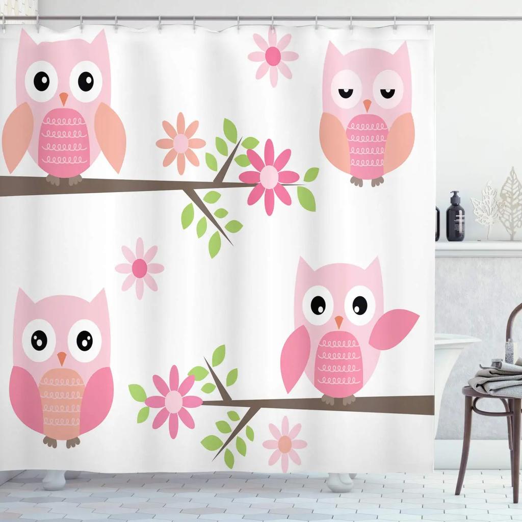 Rideau de douche Hibou Lunaire Forêt Enchantée Oiseau Fleur Papillon Fantaisie Fée Arbre Lanternes Ciel Nocturne Décoration Salle de Bain Ensembles