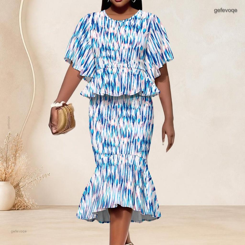 Women Plus Size Round Neck Batwing Sleeve Blue Brown Printed Ruffle Hem Top Fishtail Skirt Two Piece Set