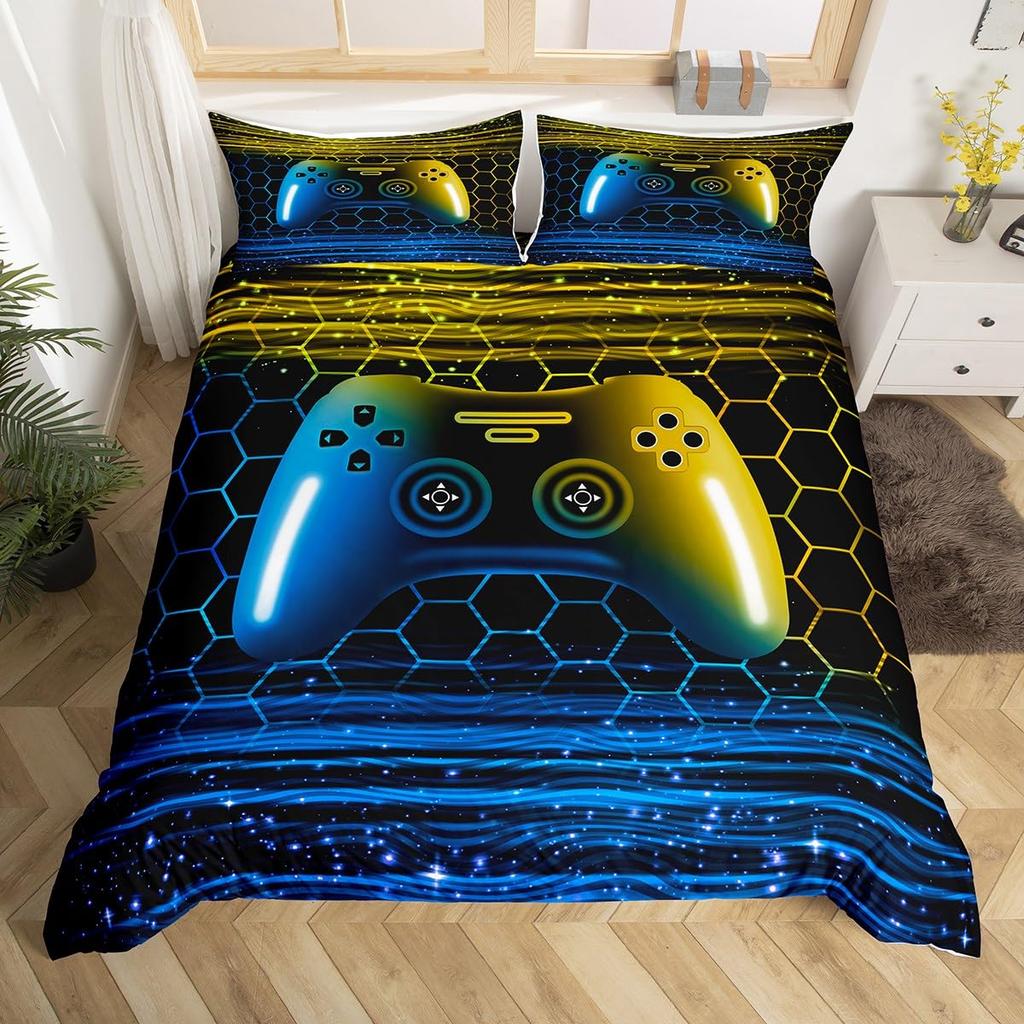 Comforter Gamer Bedding Set Gaming For Kids Teens Men Game Console Bed Set Geometry Stripes Honeycomb Hexagon Comforter