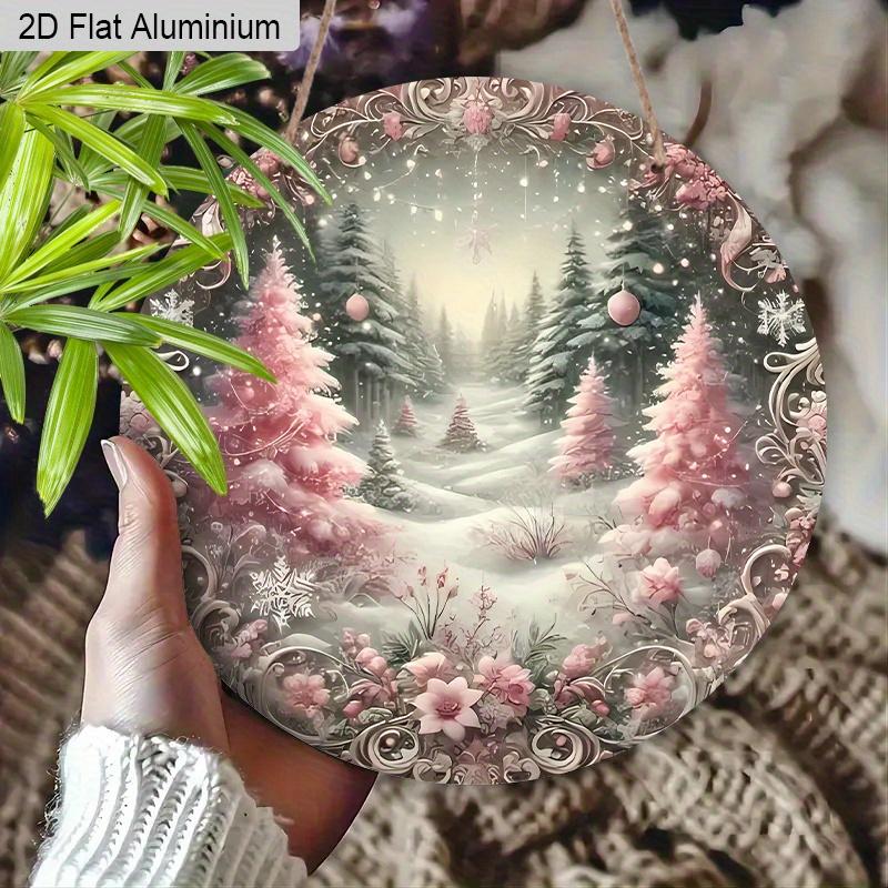 2D Flat Aluminium Pink Christmas Sign with Christmas Trees Pattern - Romantic Figurine Ornaments - Ideal for Front Door, Wall, Porch, Window Decor