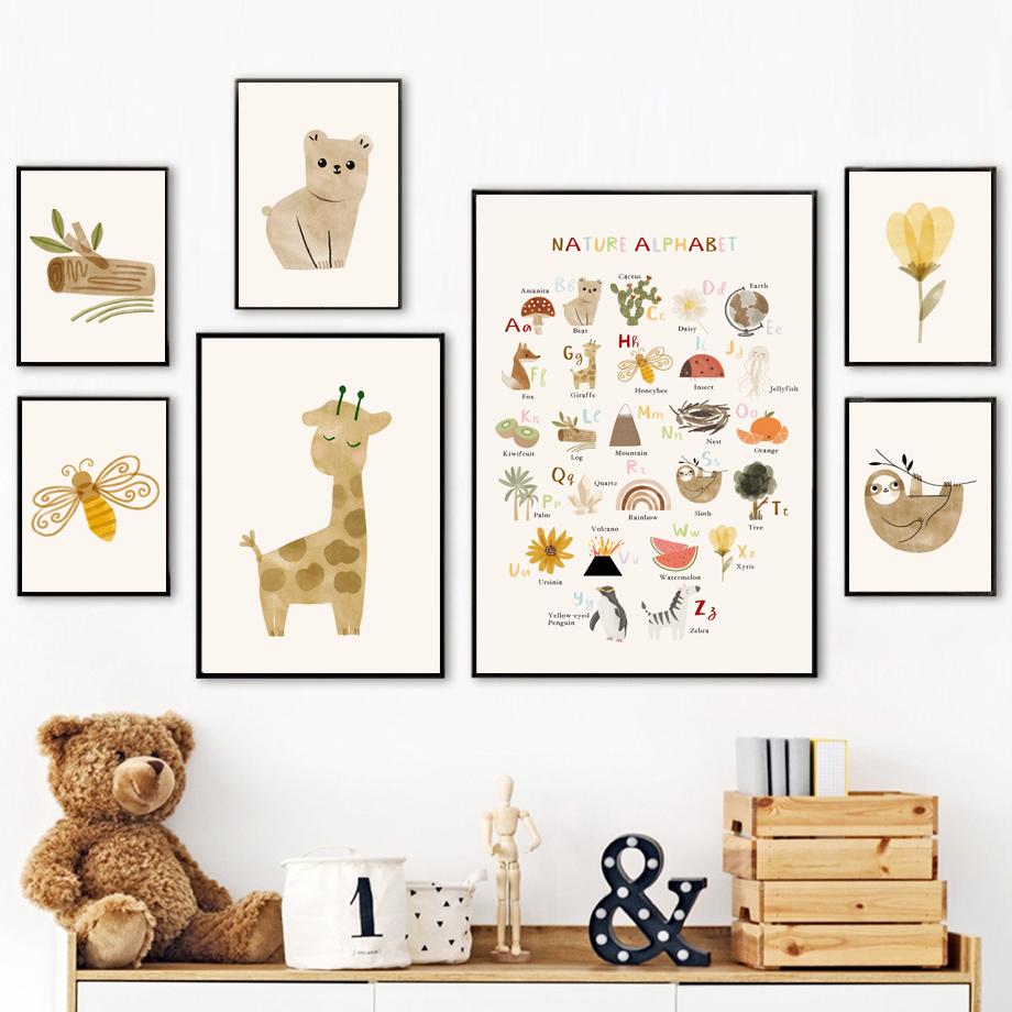Cartoon Giraffe Bär Zebra Faultier Baum Natur Alphabet Kunst Leinwand Malerei Nordic Poster Drucke Wand Bilder Kinderzimmer Dekor Kein Rahmen