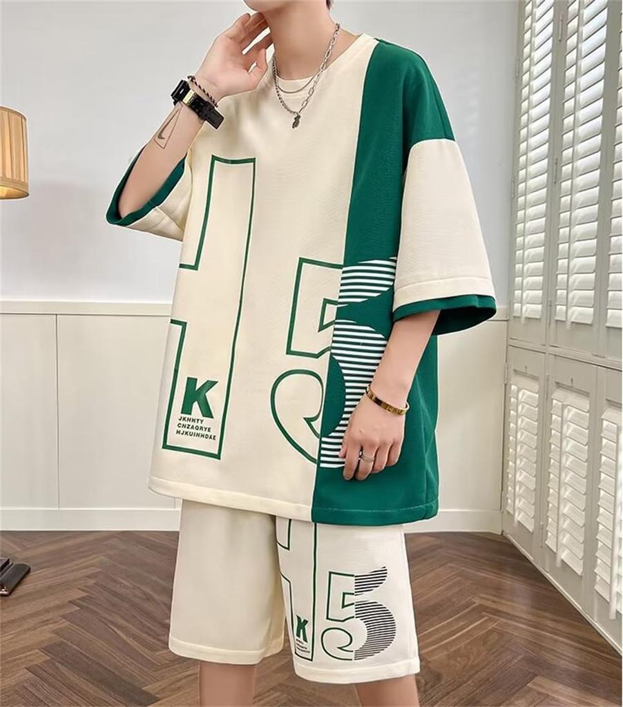 KTNCFD Short Sleeve Summer Plus and Loose Men's Set, Sizes, 2-Piece Set, T-Shirt, Tracksuit, Shorts, Sportswear, Sweatshirt, Loungewear, Fit,