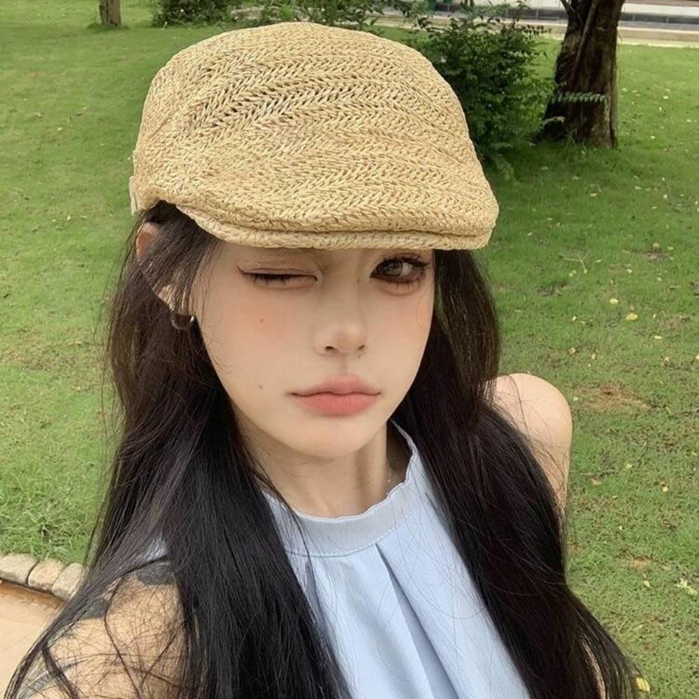 Hollow Straw Beret Vacation Painter Beret Fashion Straw Newsboy Cap  Unisex