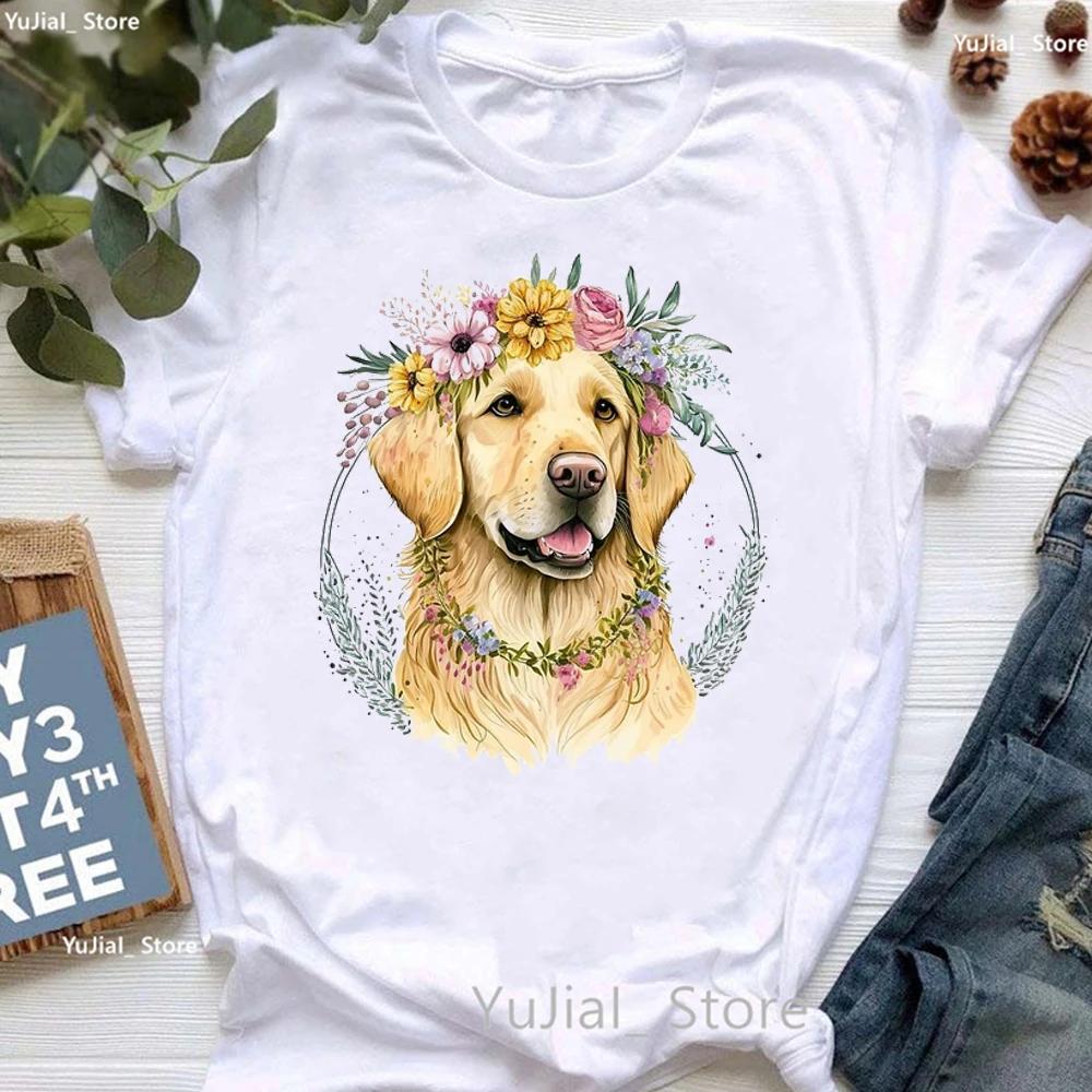 Golden Retriever Hunting Dogs Animal Print T Shirt For Girls Australian Shepherd Dog With Flower Tshirt Unisex Harajuku Shirt