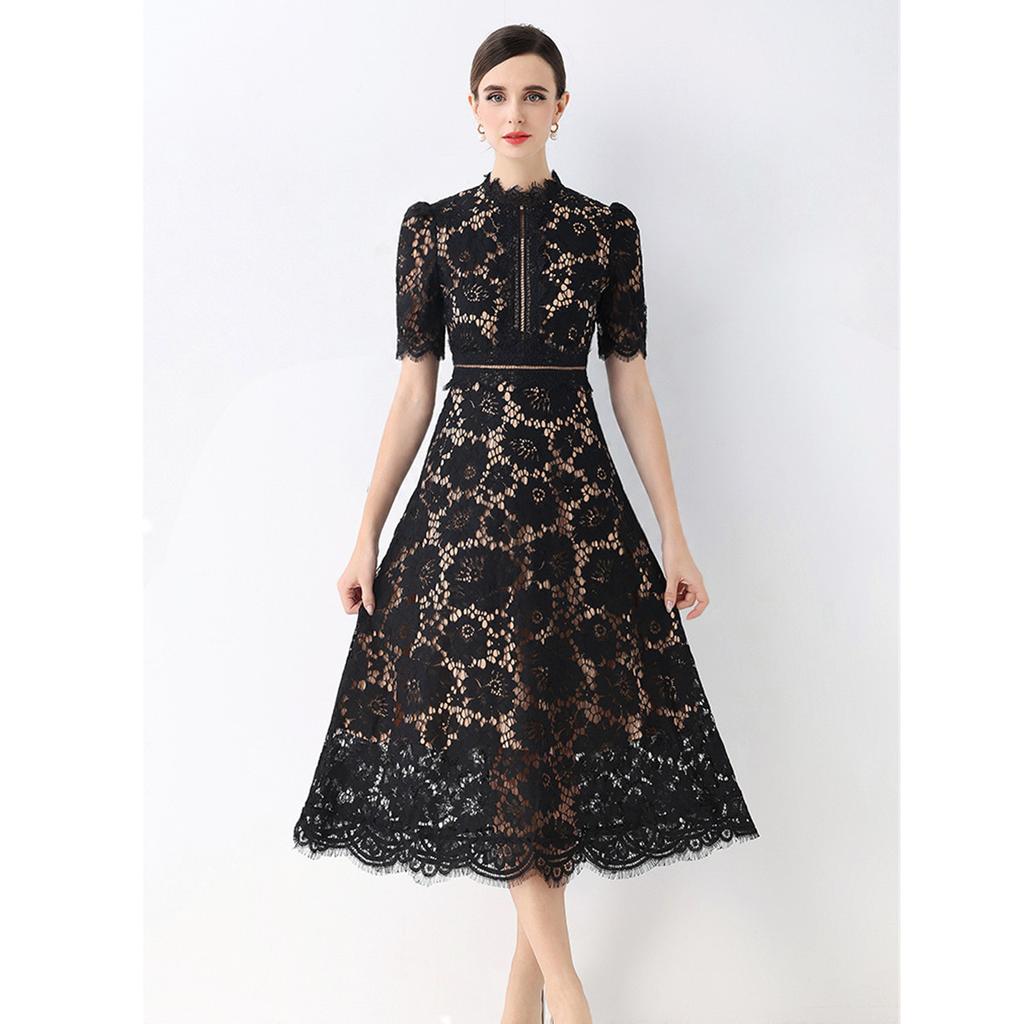 High Quaity Solid Lace Hollow Out Summer Dress for Women Elegant Stand Collar Short Sleeve Slim Midi Dresses