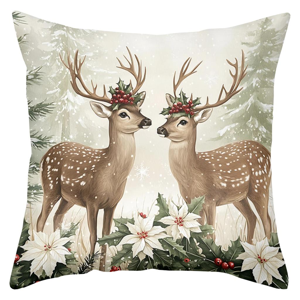 2D Flat Printing Christmas Deer Pillows With Snowflake And Flowers Polyester Pillowcase, Sofa Decorative Cushion Cov