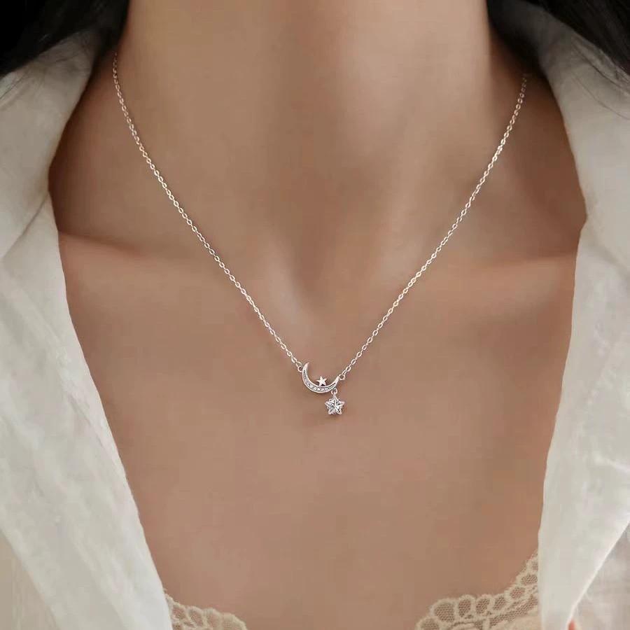 Factory 925 Sterling Silver Moon and Star Zircon Pendant Necklace for Women Versatile Everyday Wear Necklace Jewelry