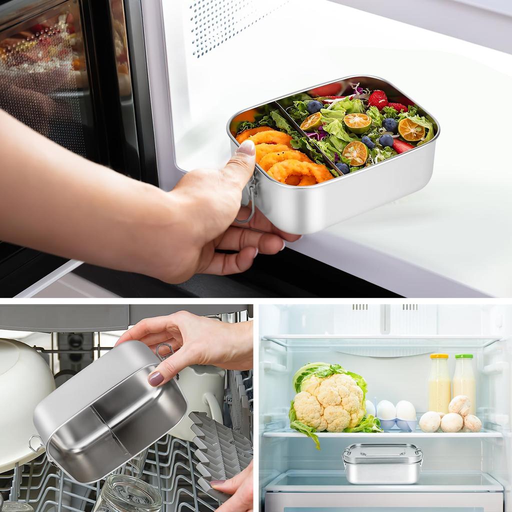 Braoses Stainless Steel Bento Fluffy Easy to with Adjustable Perfect for School and Commuting Box, 800ml, Silver, Filling, Clean, Leak-Resistant,