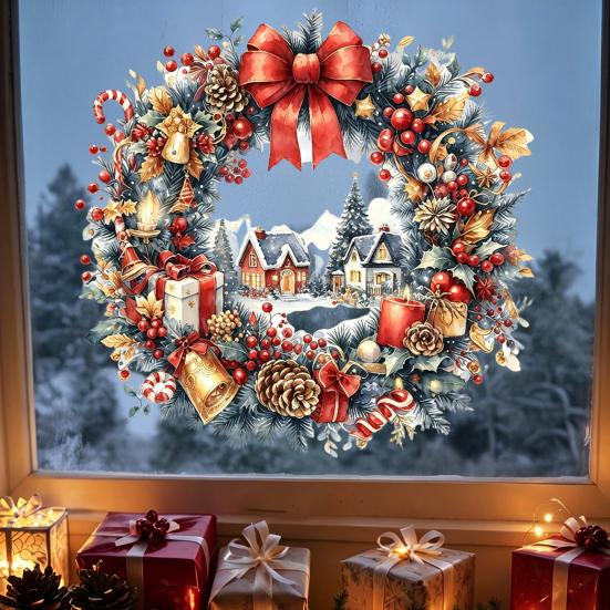 Indoor Outdoor Holiday Ornaments Watercolor Christmas Wreath Static Window Cling, Reusable Xmas Sticker with Red Bow Seasonal Home Decor Winter