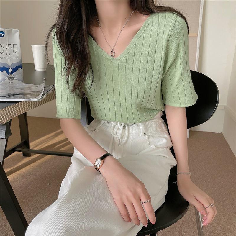 V-neck Tops Summer Short Sleeve T-shirt Loose Pit Striped Sweater Women's Casual Bottoming Shirt Aesthetic Simple Tee Y2k Top