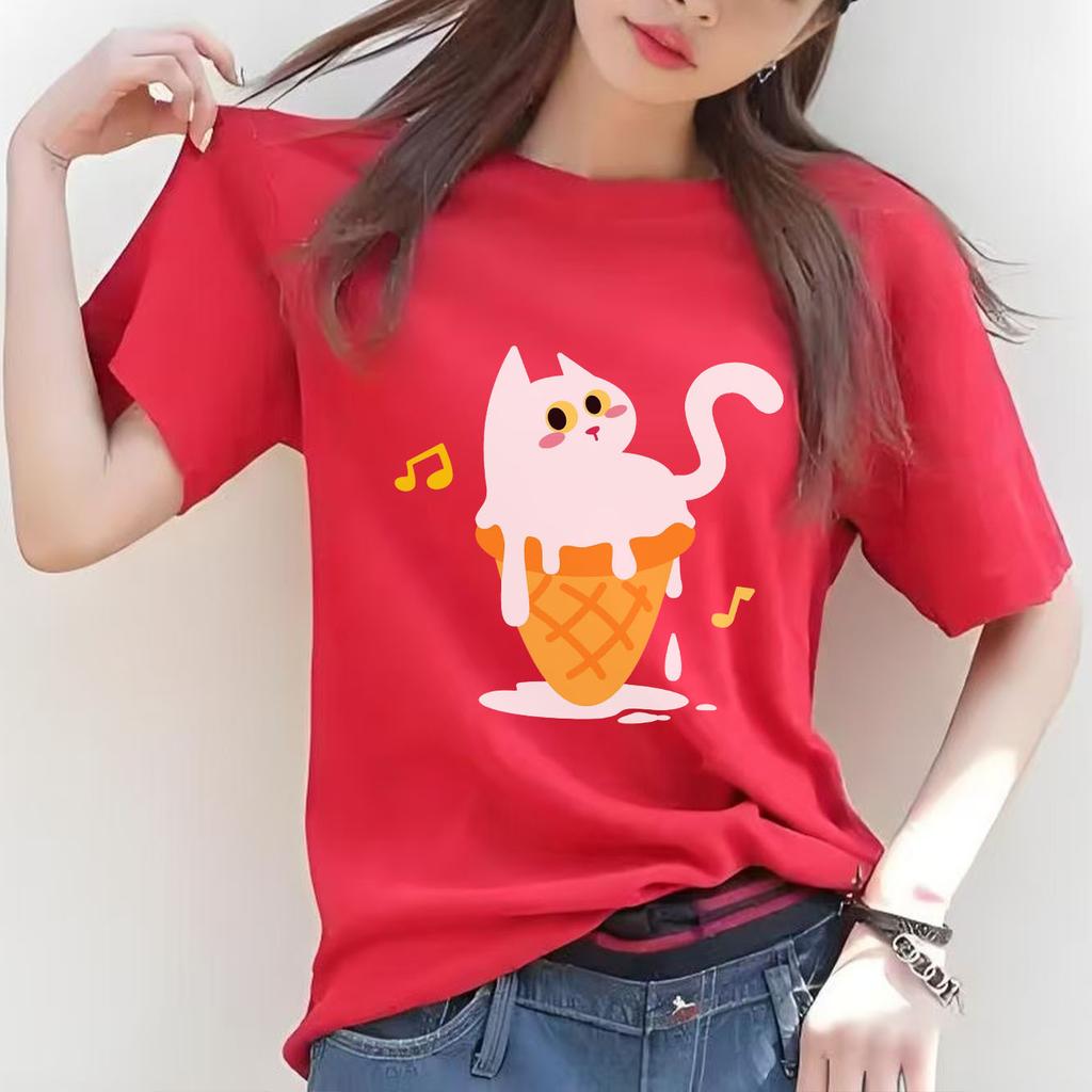 Cute ice cream white cat cartoon print pattern short sleeved round neck daily versatile Womens Tshirt