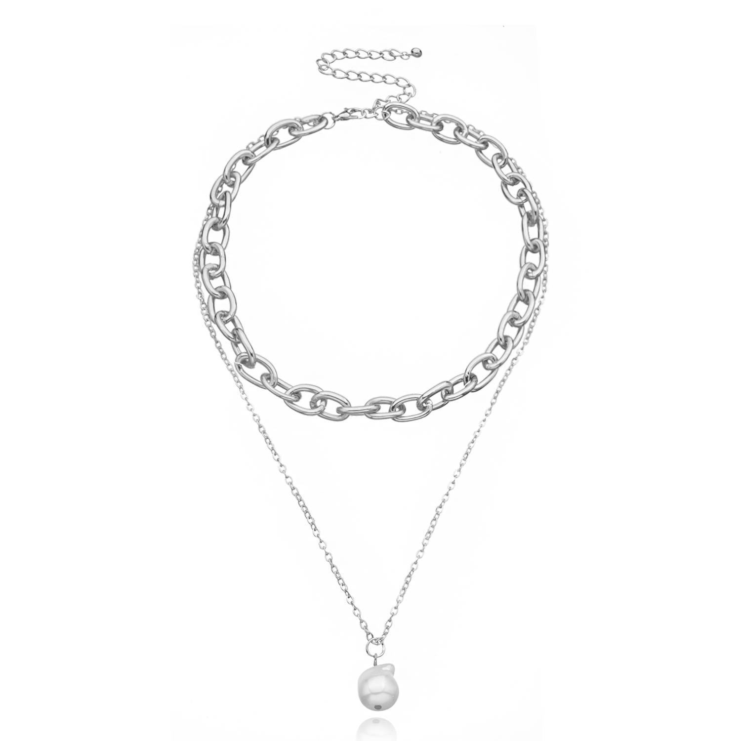 Толстая цепь из алюминиевого сплава, двухслойное ожерелье с жемчужной подвеской, женское ретро, личность, преувеличенное ожерелье