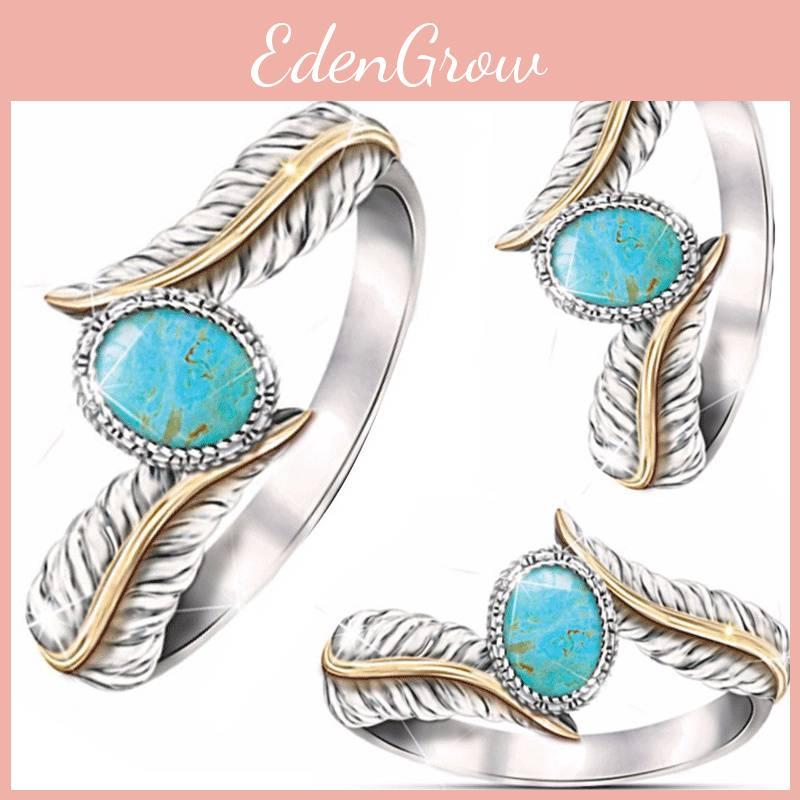 Geometric Feather Turquoise Ring Women Alloy Jewelry Party Engagement Decoration