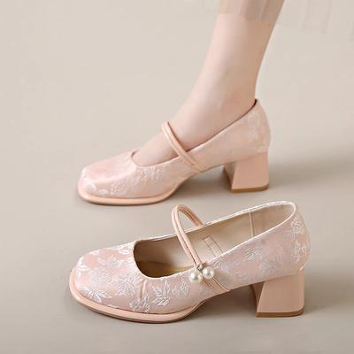 High Heel Single Shoes Women's Medium Thick Heel with Cheongsam Horse Face Skirt Sandals Summer 2025 New New Chinese Shoes