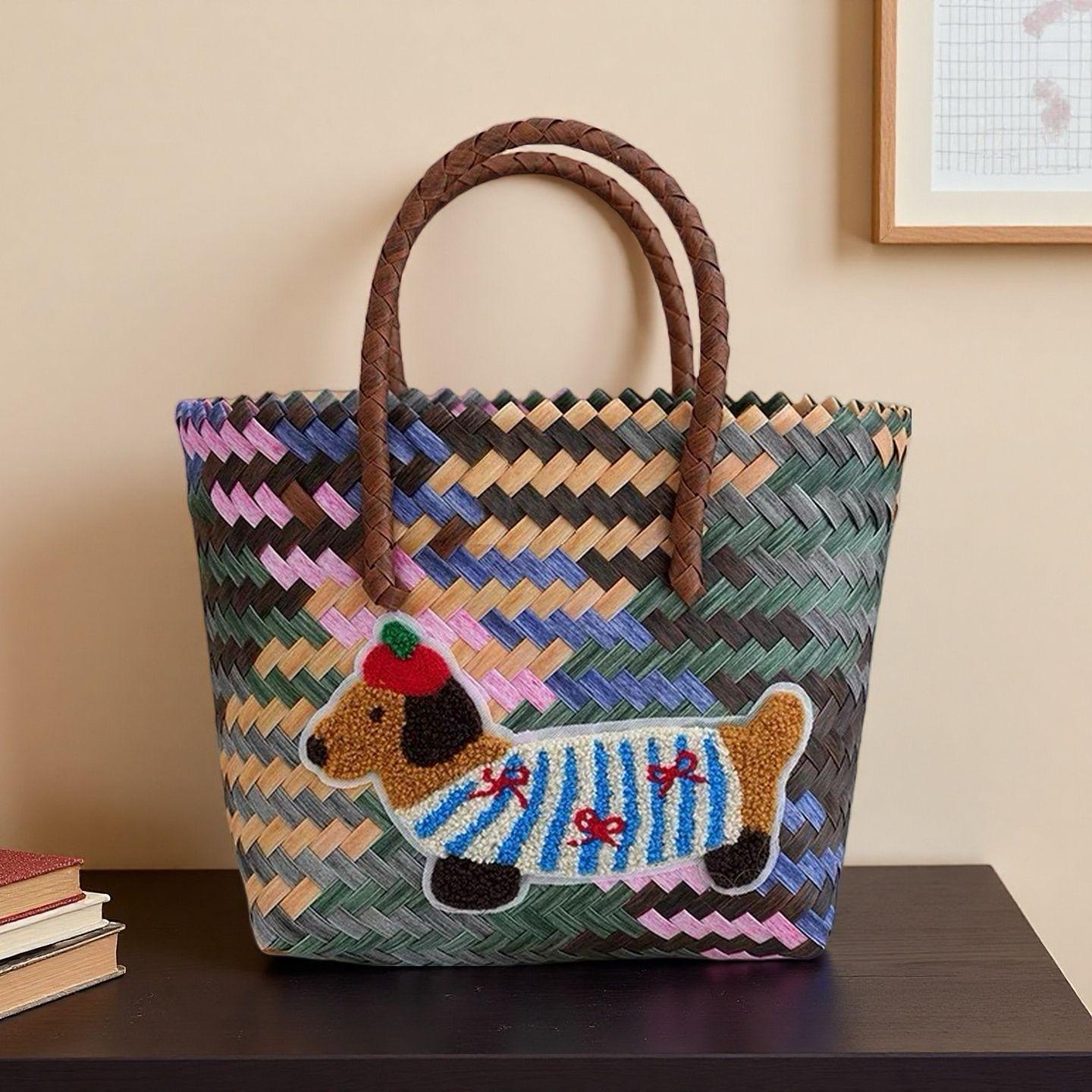 

Большая плетеная вручную сумка-тоут из ротанга и бамбука - Дизайн «Такса», Идеально подходит для пикников и мелочей