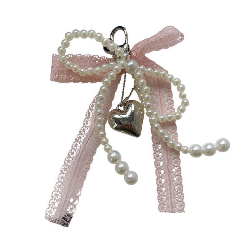 Elegant Lace Bows Keychain With Faux Pearls Detail For Women Girls Fashionable Bag Accessory Gift Alloy Keyring