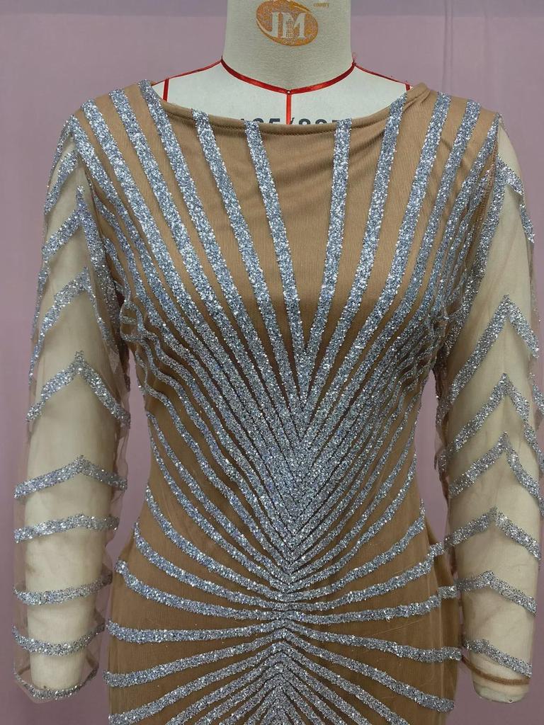 2025 Spring European & American Fashion: Hot Diamond See-Through Mesh Long-Sleeve Slit Dress