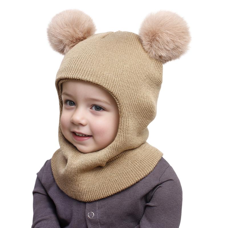 Pompom Baby Winter Hat Scarf One-piece Kids Knitted Beanie Warm Ears Neck Children Bonnet Infant Cap for Girls Boys 1-5Y