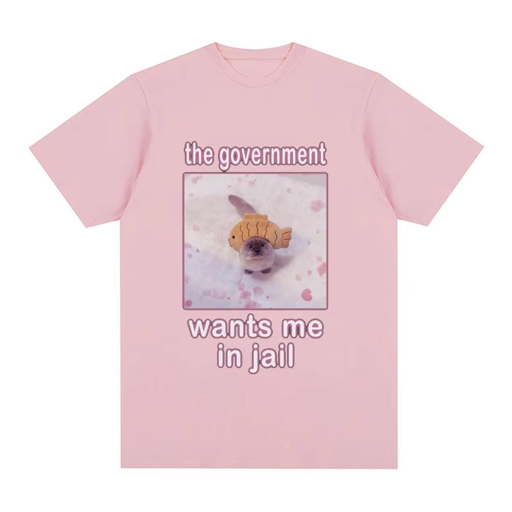 The Government Wants Me in Jail Funnt Cat Meme T Shirts Mens Women Fashion Harajuku Tshirt Cotton Casual Short Sleeve Tshirts