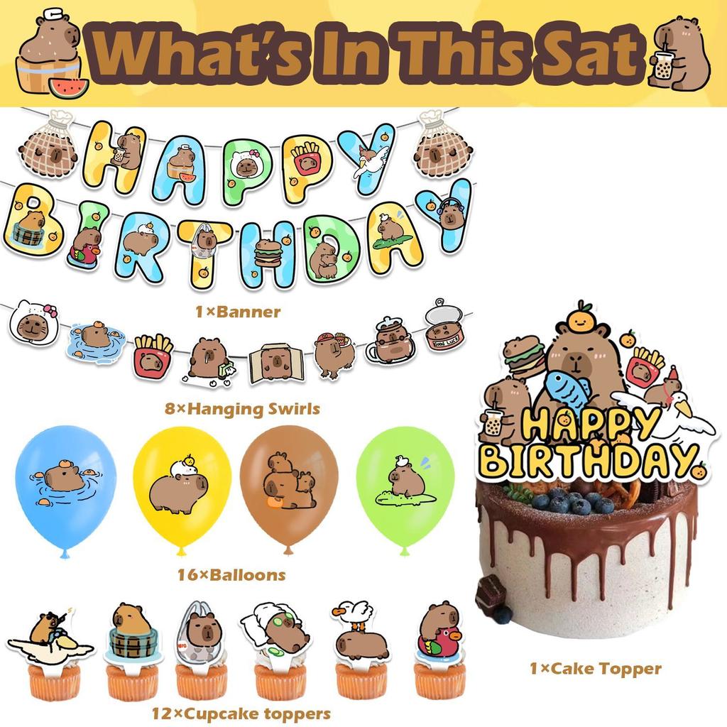 Cute Capybara-Themed Birthday Party Decorations: Balloons, Animal-Shaped Decorations, Capybara Party Banners, Backdrops, and Decorative Accessories