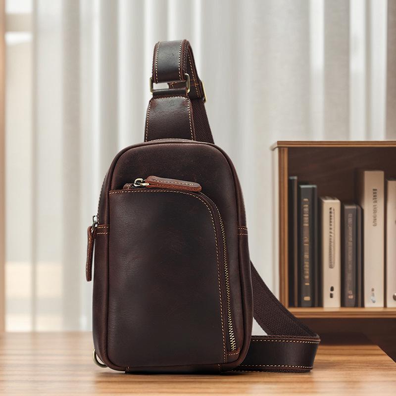 New Genuine Leather Chest Bag, Crazy Horse Leather, High-end Men's Crossbody Bag, Leather Bag, Retro Classic Style Bag