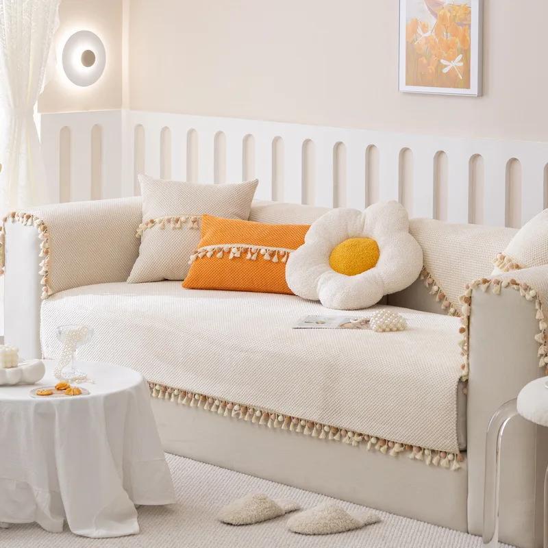 New Corduroy Braid Sofa Cushion Four Seasons Universal Tassel Ball Simplicity Non-slip Sofa Cover Cushion Solid Color Sofa Cover