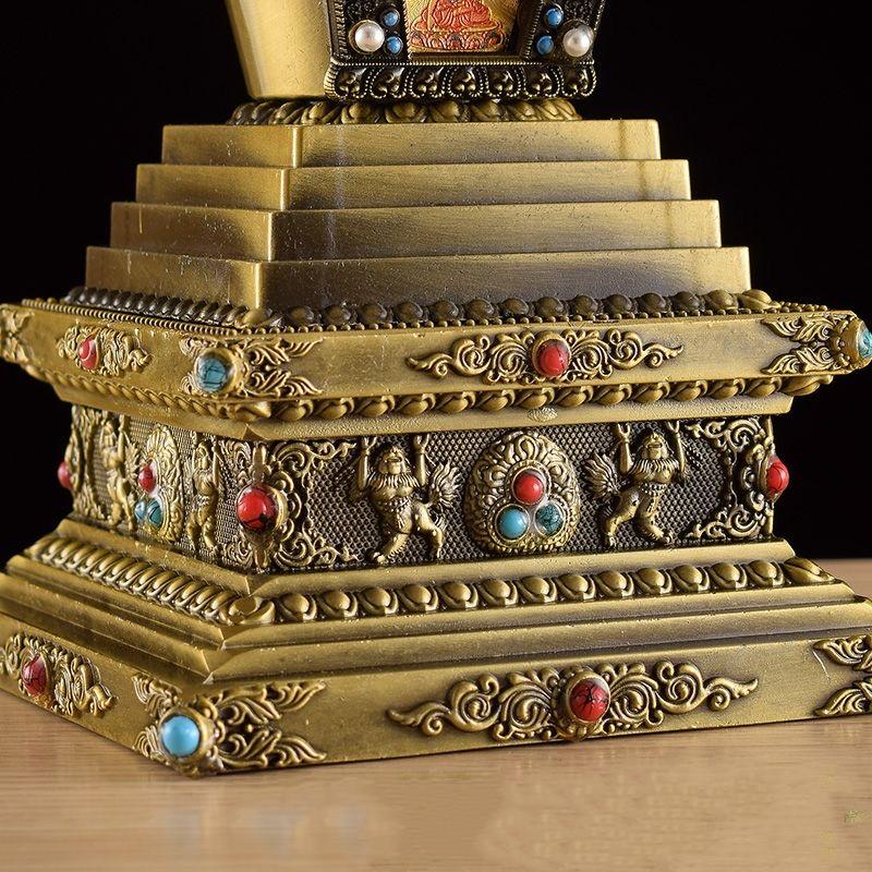 Bronze Tibetan Stupa Tantric Engraved Pearl Inlaid Gem Shiri Buddhist Statue Alloy Handicraft Altars Indoor Desktop Decorative
