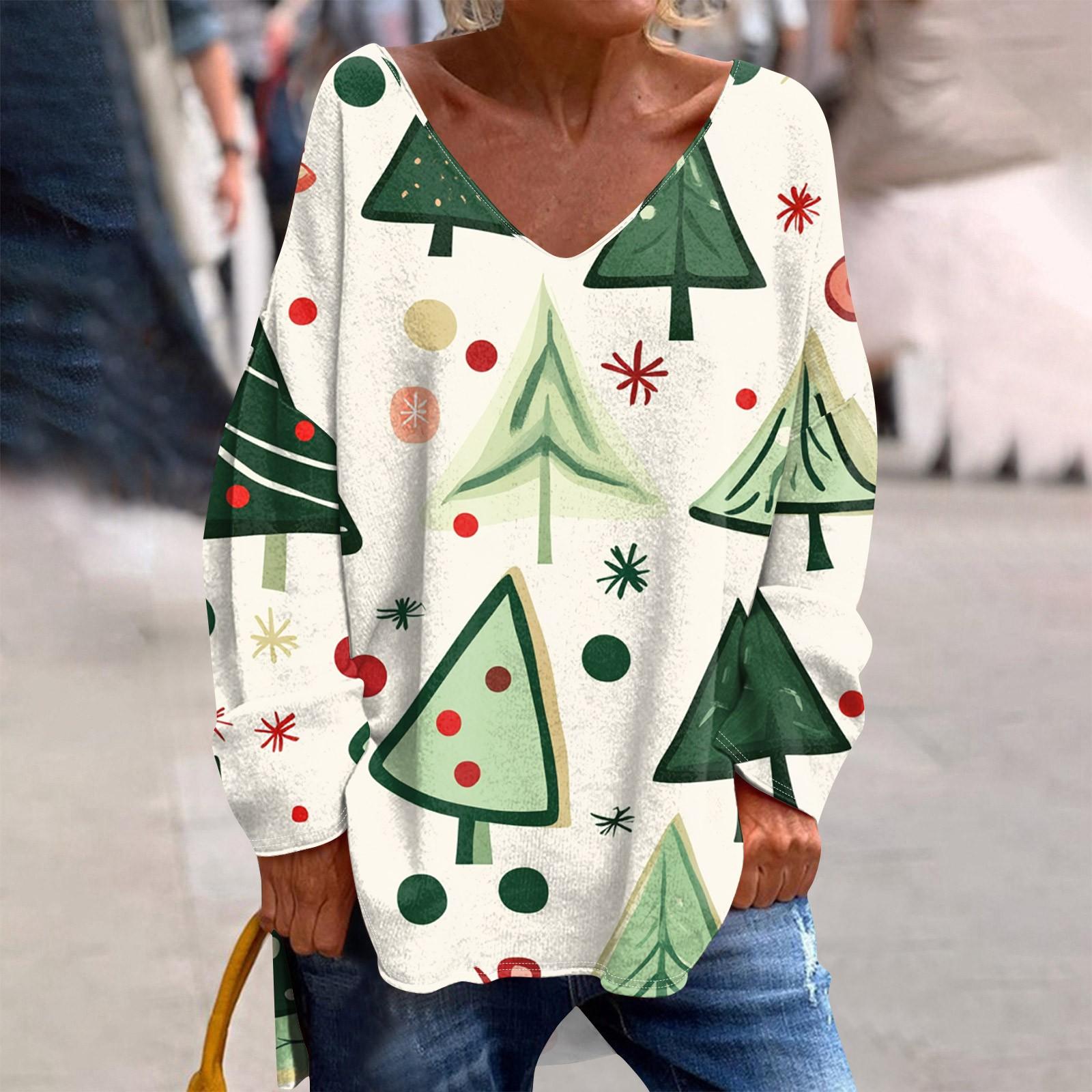 

Женская модная повседневная футболка с длинными рукавами и рождественским принтом с V-образным вырезом XXL