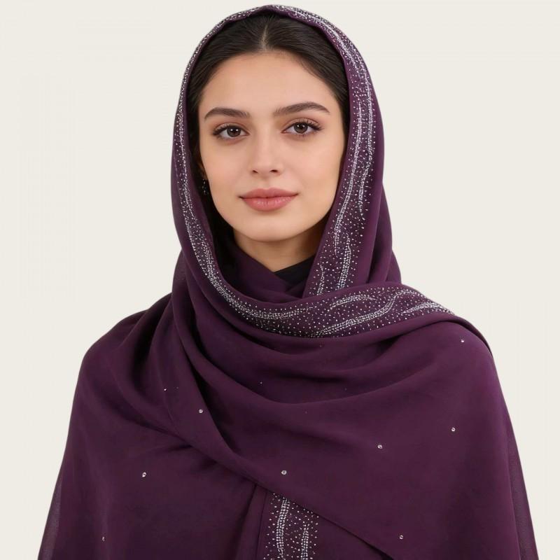 Womens Chiffon Scarf With Rhinestone Pearl Embellishment Ethnic Style Long Wrap Headband Accessory Elegant Lady Fashion