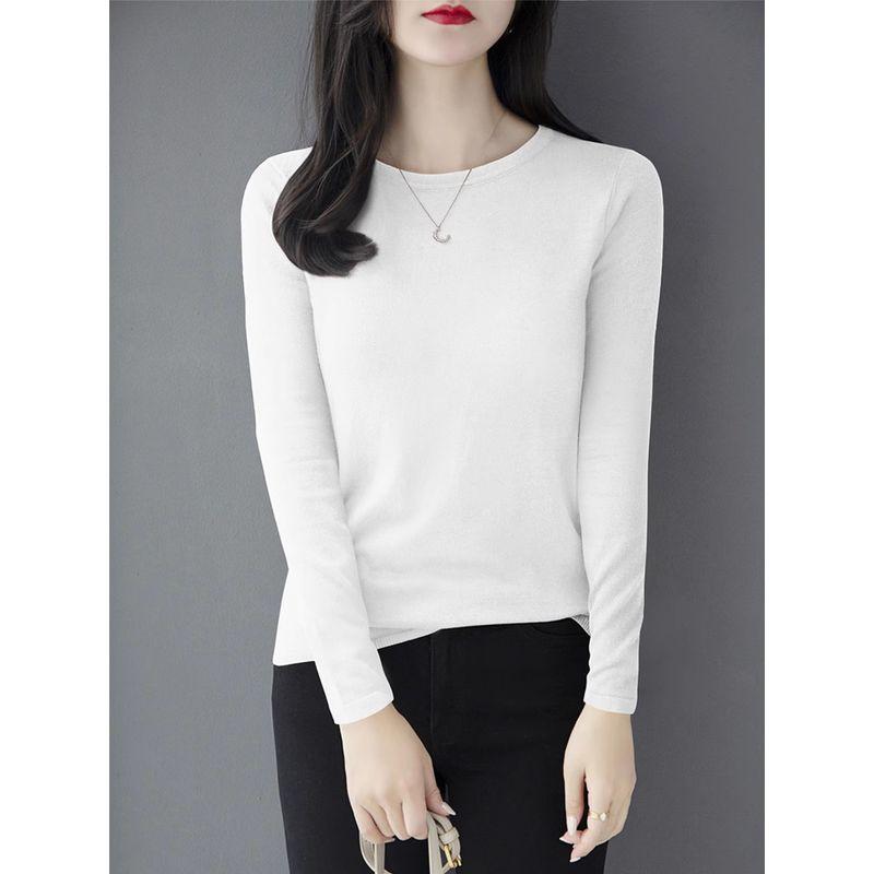 

round Neck Knitting Women s Summer Shoulder Half-Length Sleeve Underwear Blouse White [Long sleeves quality upgrade fabric]] 2XL