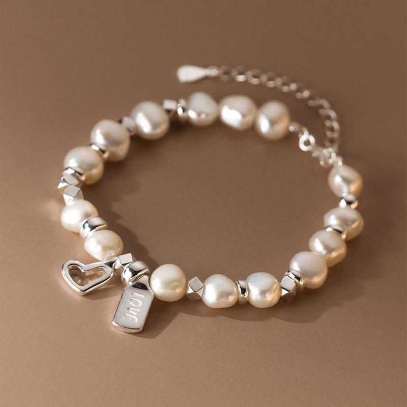 Handmade 925 Sterling Silver Luxury Freshwater Pearl Beads Heart Charm Bracelet Women Fine Jewelry